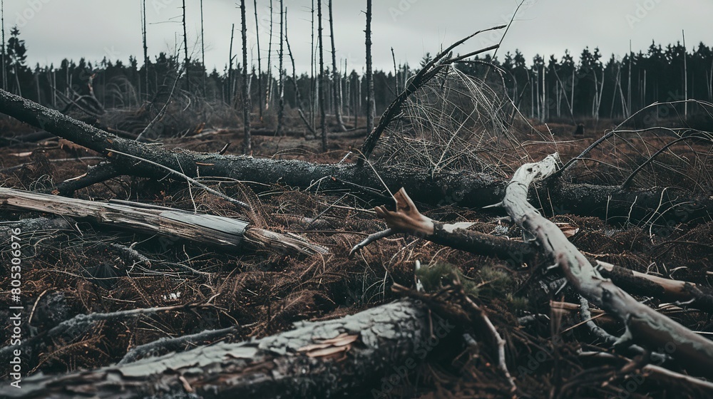 Deforested area with fallen logs, close-up, stark landscape, overcast light, clear textures Deforested area with fallen logs, close-up, stark landscape, overcast light, clear textures