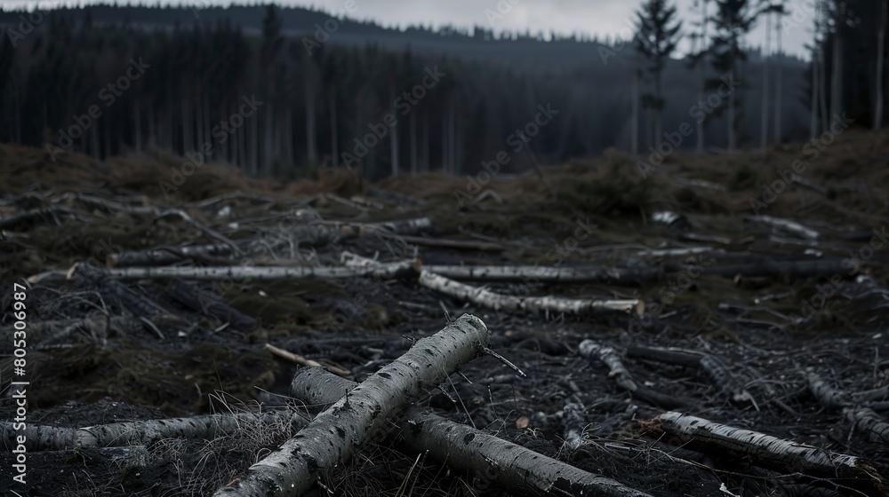 Deforested area with fallen logs, close-up, stark landscape, overcast light, clear textures 