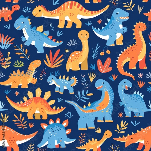 A pattern of dinosaurs in the jungle  their colors vibrant and detailed against an indigo background. 