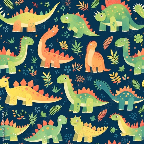 A pattern of dinosaurs in the jungle  their vibrant colors and intricate details captured with watercolor strokes on dark blue fabric background. 