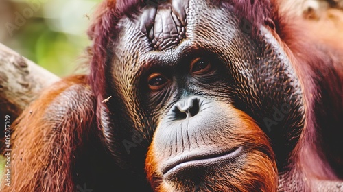 Orangutan in degraded forest habitat, close-up, poignant expression, soft focus background photo