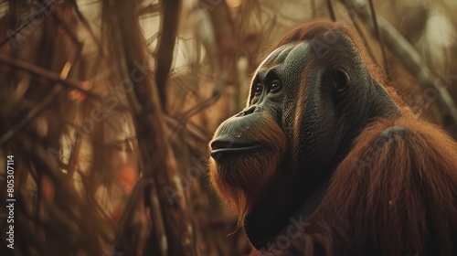 Orangutan in degraded forest habitat, close-up, poignant expression, soft focus background  photo