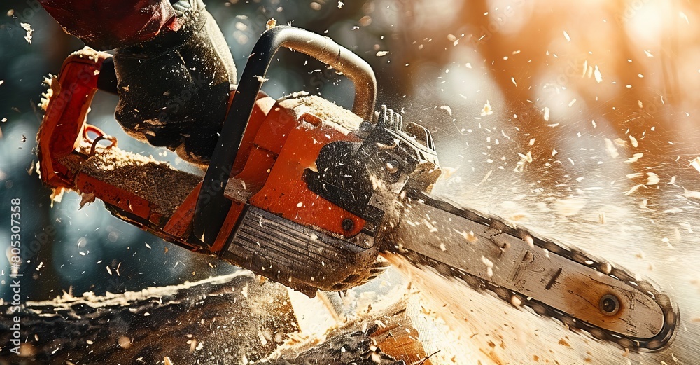 Close-Up View of a Chainsaw at Work, with Sawdust Ejecting as Trees Tumble