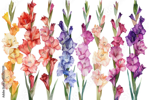 Watercolor gladiolus clipart with tall spikes of colorful blooms 