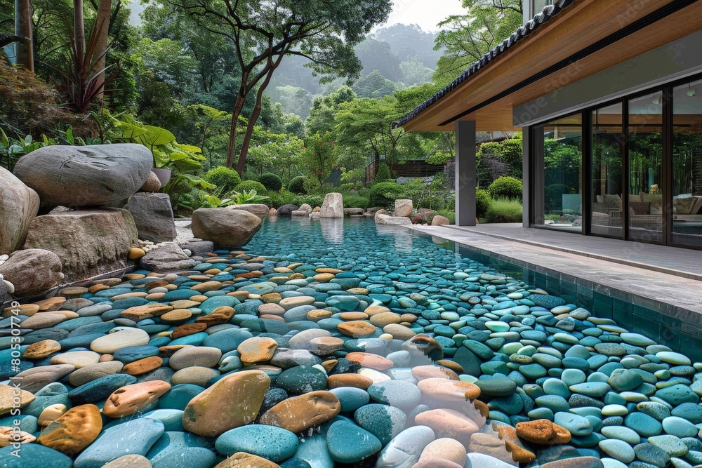 Fototapeta premium A serene image of a colorful pebble pond surrounded by a lusciously green garden, inviting relaxation and contemplation