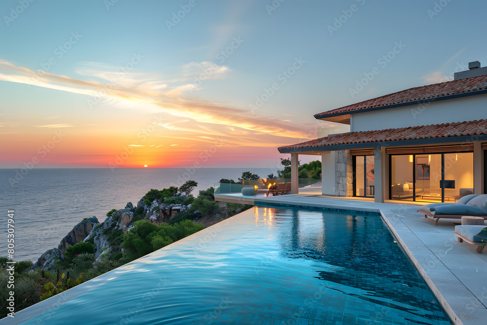 Luxury Villa Overlooking the Sea at Golden Hour 