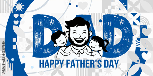  Happy Father's Day - banner, background vector illustration, Smiling father with children