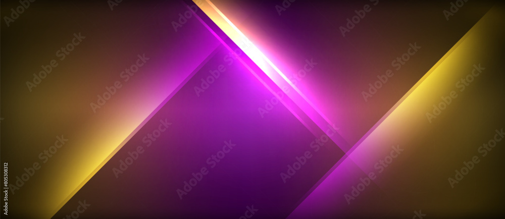 A neon art piece with vibrant colors like purple, violet, pink, and magenta on a yellow background, with an electric blue glowing diagonal line cutting through a triangleshaped font A neon art piece with vibrant colors like purple, violet, pink, and magenta on a yellow background, with an electric blue glowing diagonal line cutting through a triangleshaped font