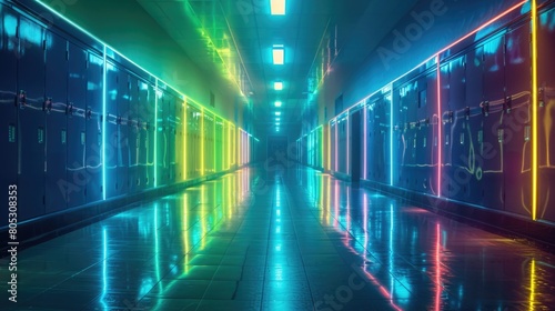 A neon-lit school hallway with glowing blue and green locker doors, reflective shiny floors, and a dynamic perspective leading to a brightly lit end, symbolizing the journey of education