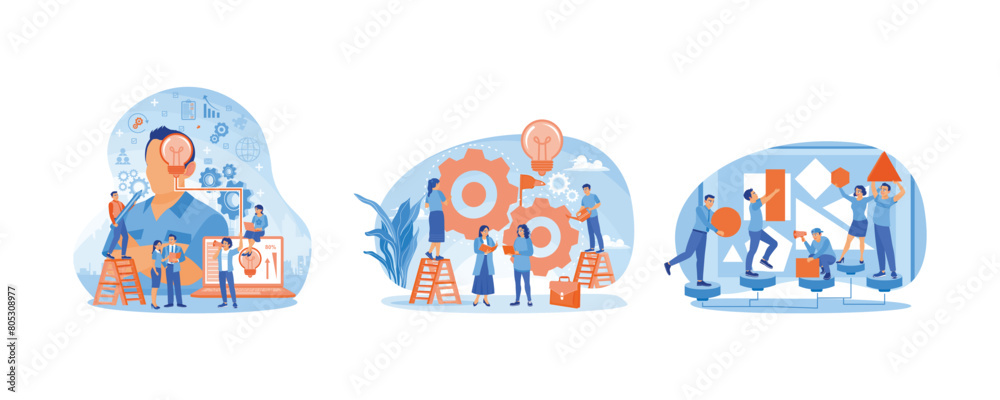 Businessman making a list of creative ideas. Business team with new ideas. Work together to get the best results. Team Work concept. Set flat vector illustration.