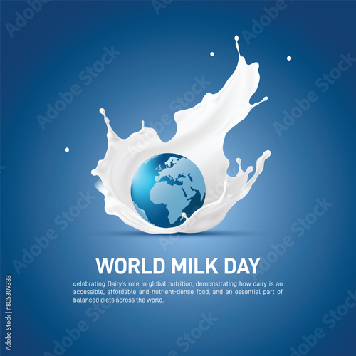 World Milk Day. globe milk splashed with a glass of milk, as world milk day creative banner, poster, social media post, festoon, billboard, backdrop, greetings card etc..