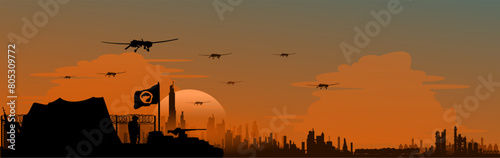 Vektor Silhouette Militär Camp Stellung vor City Skyline - Raketensystem - Drohnen - Konflikt 