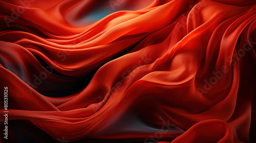 Heavenly Fluttering Red Color Silk Fabric in Space With Delicate Folds on Focus on Foreground
