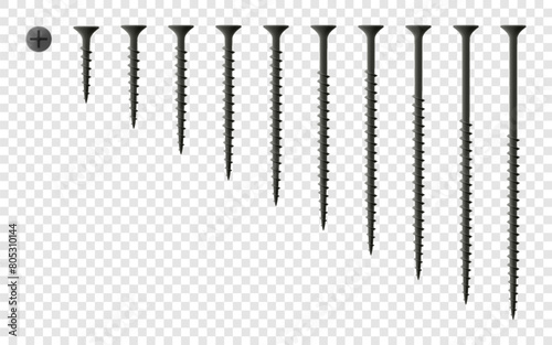 Set of wood screws isolated on transparent background. Realistic 3d Vector illustration