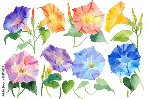 Watercolor morning glory clipart with trumpet-shaped flowers in various colors 