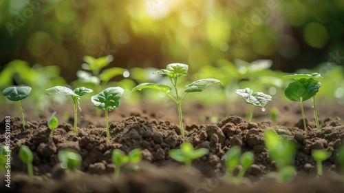 Growing crops on fertile soil and watering plants, including showing stages of plant growth, cropping concepts and investments for farmers.