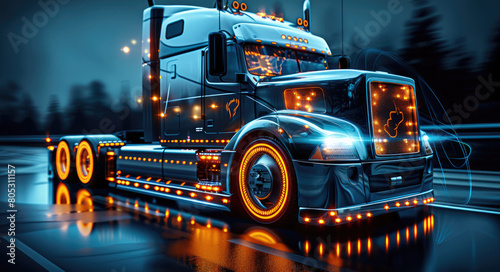 A silver truck with orange wheels in the background of an illuminated speedometer that shows high numbers and lights, on a pure black background. Generative AI. photo