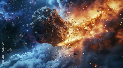 A large asteroid is hurtling towards a planet. The asteroid is on fire and the planet is about to be hit. photo