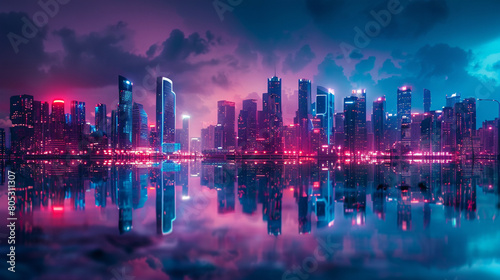 A stunning view of a cyberpunk city at night. The city is full of skyscrapers and neon lights, and the sky is a deep purple. © patcharida
