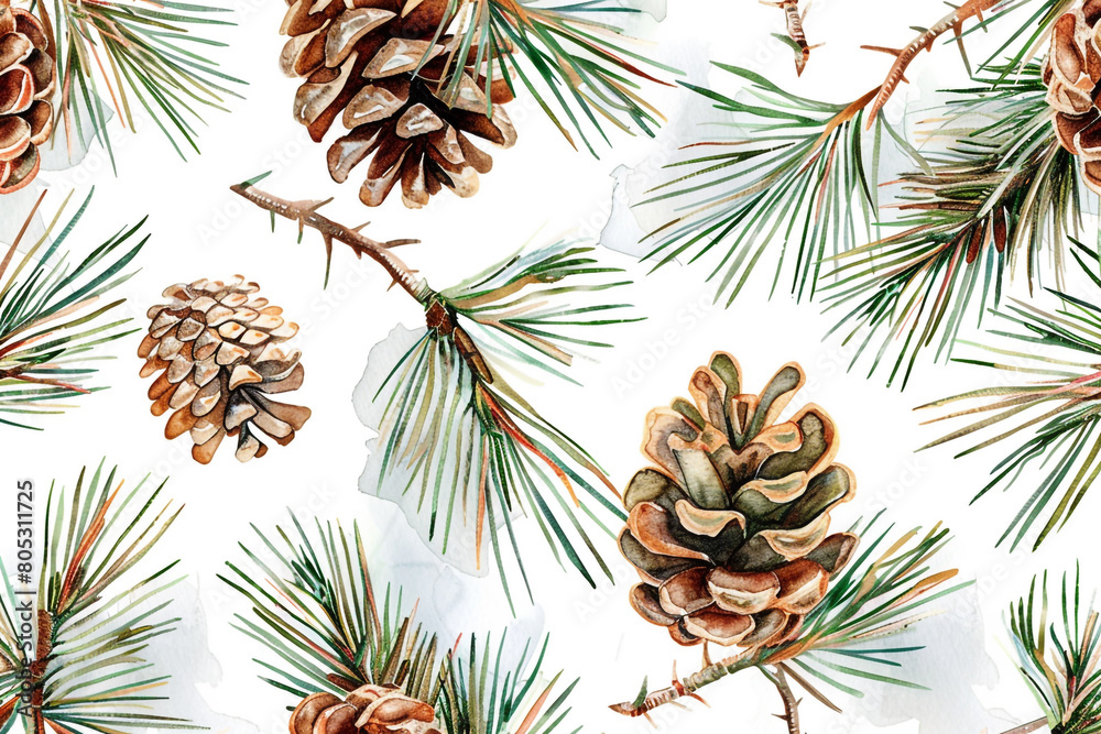 Fototapeta Watercolor Pine Needles, Pine branches and cones, Seamless pattern illustration 