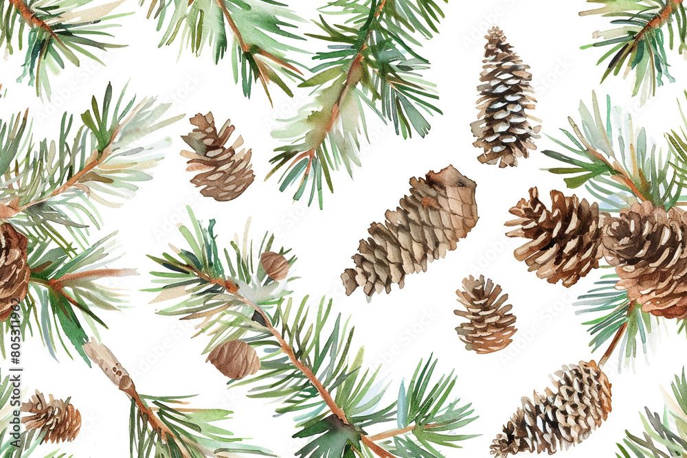 Naklejka premium Watercolor Pine Needles, Pine branches and cones, Seamless pattern illustration 