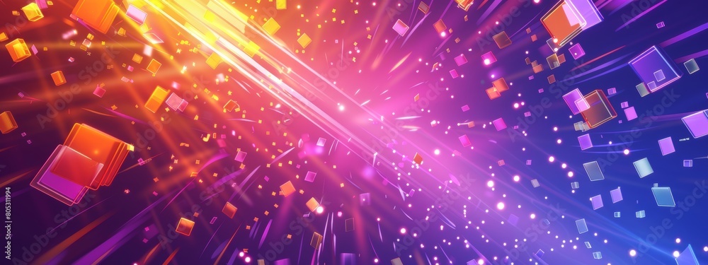 A vibrant background with glowing squares and light rays, creating an atmosphere of joyous celebration. The color scheme includes shades of purple, pink, orange, yellow, and blue.