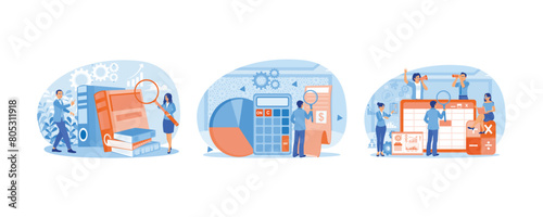 Accountants fill out accounting books. Calculating income and planning budgets. Filling out a financial balance sheet. Accounting concepts. Set flat vector illustration.