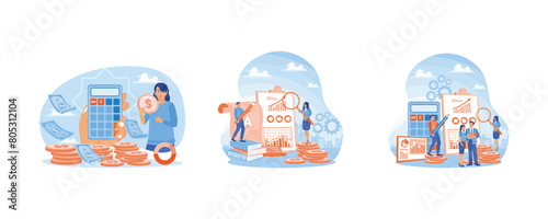 Calculate income and taxes. Accountants fill in financial bookkeeping data. Analyze financial charts and data. Accounting concepts. Set flat vector illustration.
