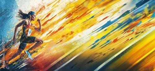 Dynamic female athlete sprinting with colorful motion trails