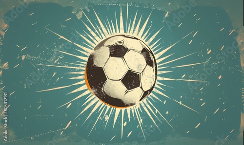 Retro soccer ball with sunburst effect on a textured background