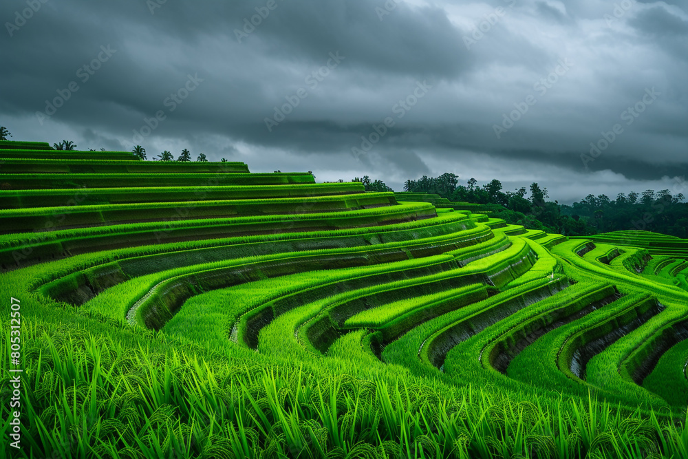 The green, rippling surface of a rice paddy field, with each terrace reflecting the overcast sky above, creating a mesmerizing pattern of agriculture and 
