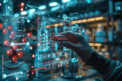 Hand of scientist in gloves holding a placebo pill before a backdrop of futuristic medical data displays, offering insights into drug efficacy photo