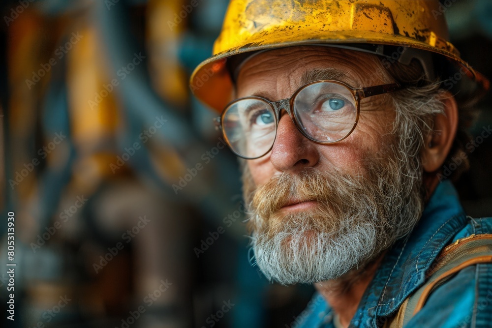 Fototapeta premium An industrial worker in safety gear with blurred face stands in front of heavy machinery in a factory setting