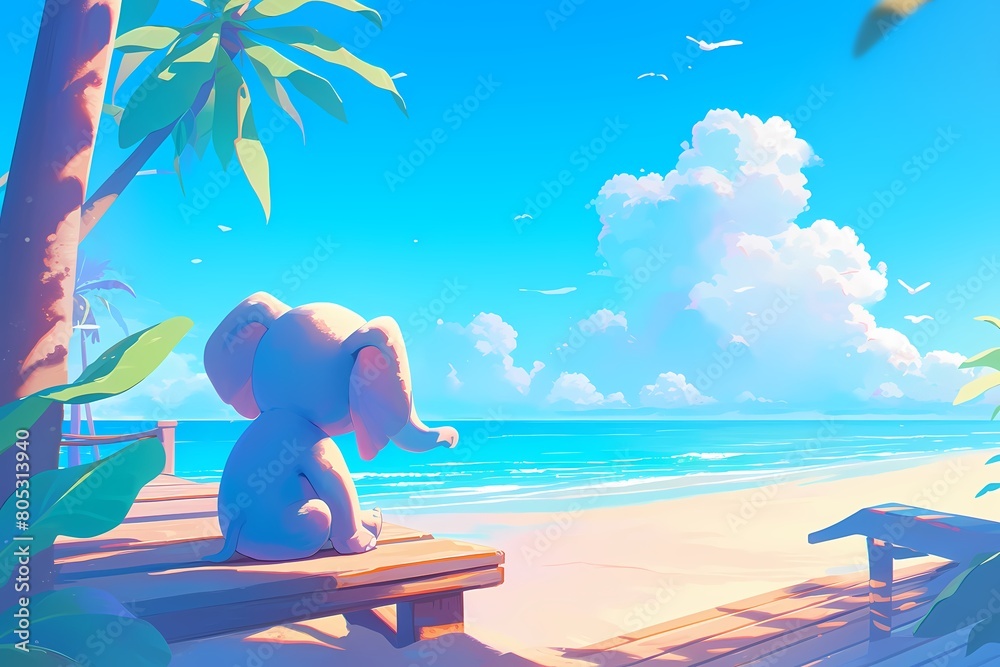 cartoon elephant sitting on the beach pier