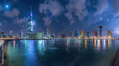 MANAMA, BAHRAIN - Nighttime panorama of the World Trade Center, Bahrain Financial Harbour, and famous buildings in Manama --ar 16:9 Job ID: eec68145-867b-47c9-a766-cc1dbadf9a18