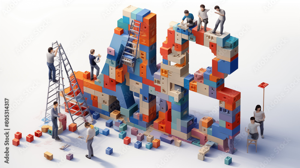 Realistic 3D Render of People Building a Large Symbol with Colorful Blocks