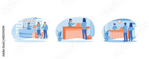The reception is in the hotel lobby. Hotel guests consult with the receptionist. Check-in at the hotel. Hotel Receptionist concept. Set flat vector illustration.
