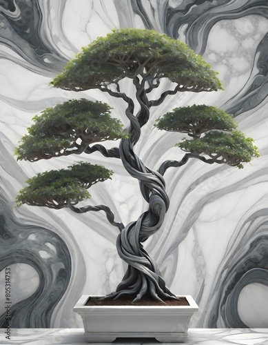 Bonsai tree with multiple branches that are artistically shaped in a square, white marble pot against a marble background, giving it an elegant and aesthetic appearance, Generative AI. (ID: 805314753)