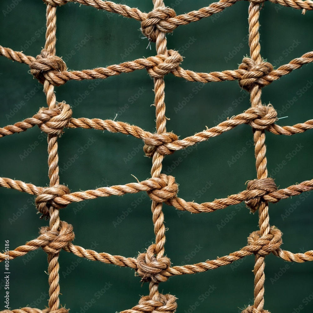 AI generated illustration of rope tied to outdoor net against green backdrop with water AI generated illustration of rope tied to outdoor net against green backdrop with water
