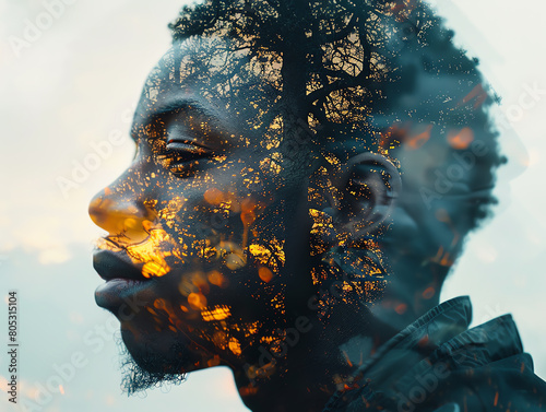 A double exposure image of a man's side profile blends seamlessly with a forest landscape at sunset, creating a thought-provoking portrait that merges human and nature. #805315104