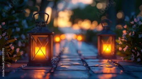 Two lanterns with candles inside are lit up on a stone path