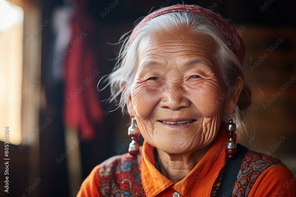 Venerable Smiling elderly asian lady. Care female portrait older face. Generate Ai