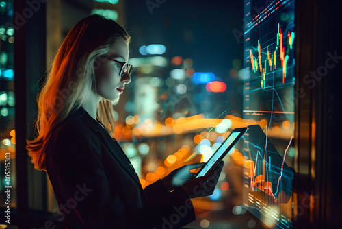 European female CEO  entrepreneur discussing investment strategies with clients. European stock businesswoman studying market data and strategic for her investment  insurance in business suit.