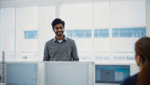 Giovane uomo di origini indiane durante una presentazione in un moderno ufficio  photo