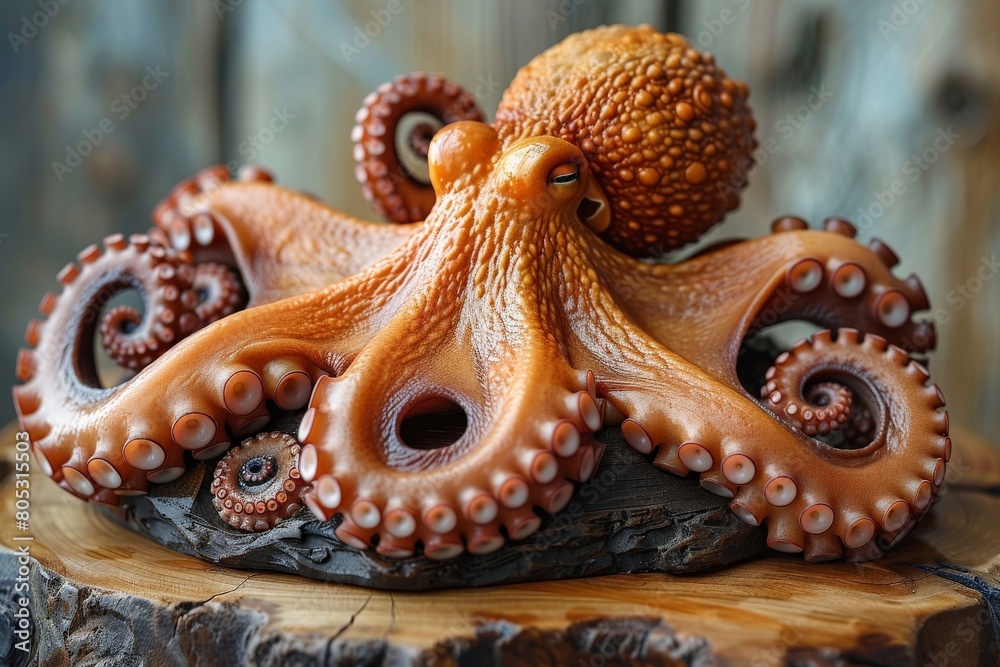Obraz premium An artistically crafted octopus sculpture on wood emanates an aura of marine-inspired creativity and design