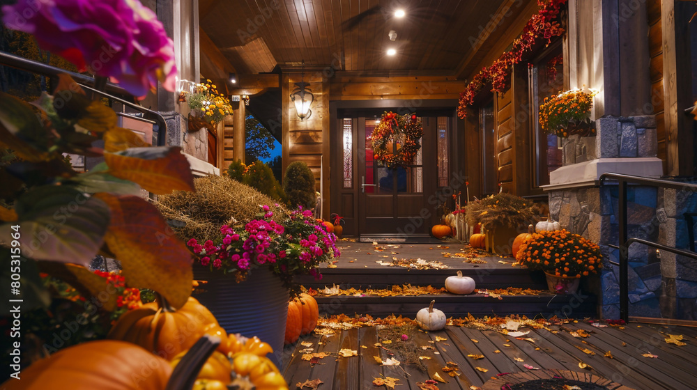 The front porch of a luxury house during the autumn season, decorated with seasonal flowers and pumpkins. The house's warm lighting and 