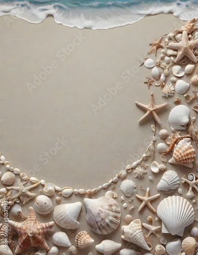 Seashells and starfish spread across a sandy beach, complemented by gentle ocean waves, capturing the tranquil essence of the seaside,, Generative AI. (ID: 805315938)