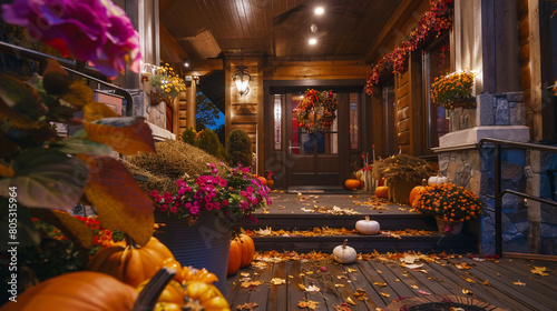The front porch of a luxury house during the autumn season, decorated with seasonal flowers and pumpkins. The house's warm lighting and 