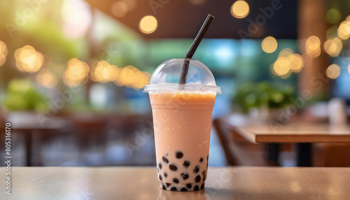 Ice milk tea with bubble in plastic glass with straw empty table, blurred cafe background with bokeh