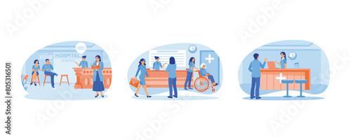 Patient visits at the hospital. Receptionists provide health information to patients.  Hospital reception desk. Hospital receptionist concept. Set flat vector illustration.